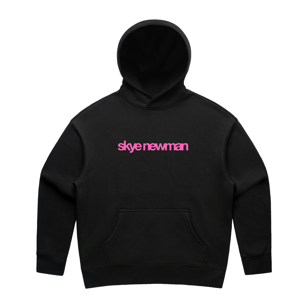 Black Skye Newman hoodie with pink writing, front view.