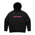 Black Skye Newman hoodie with pink writing, front view.
