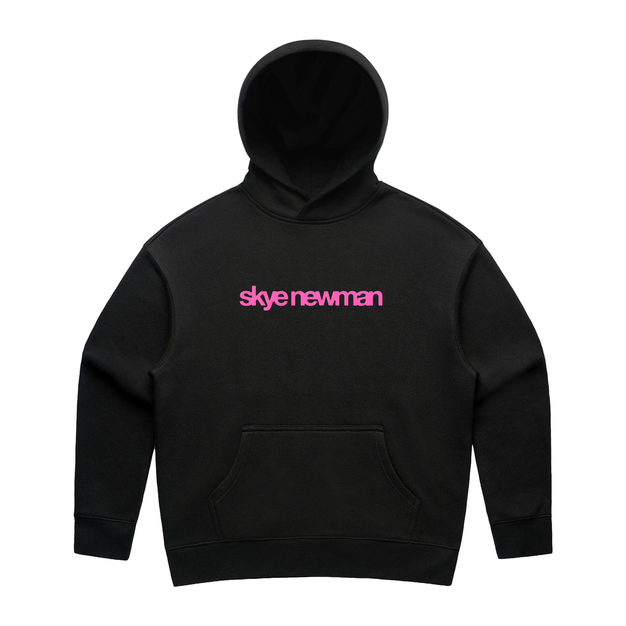 Black Skye Newman hoodie with pink writing, front view.