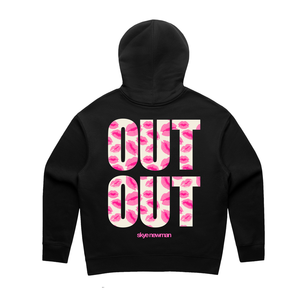 Black Skye Newman hoodie with pink and white 'OUT OUT' design on the back.