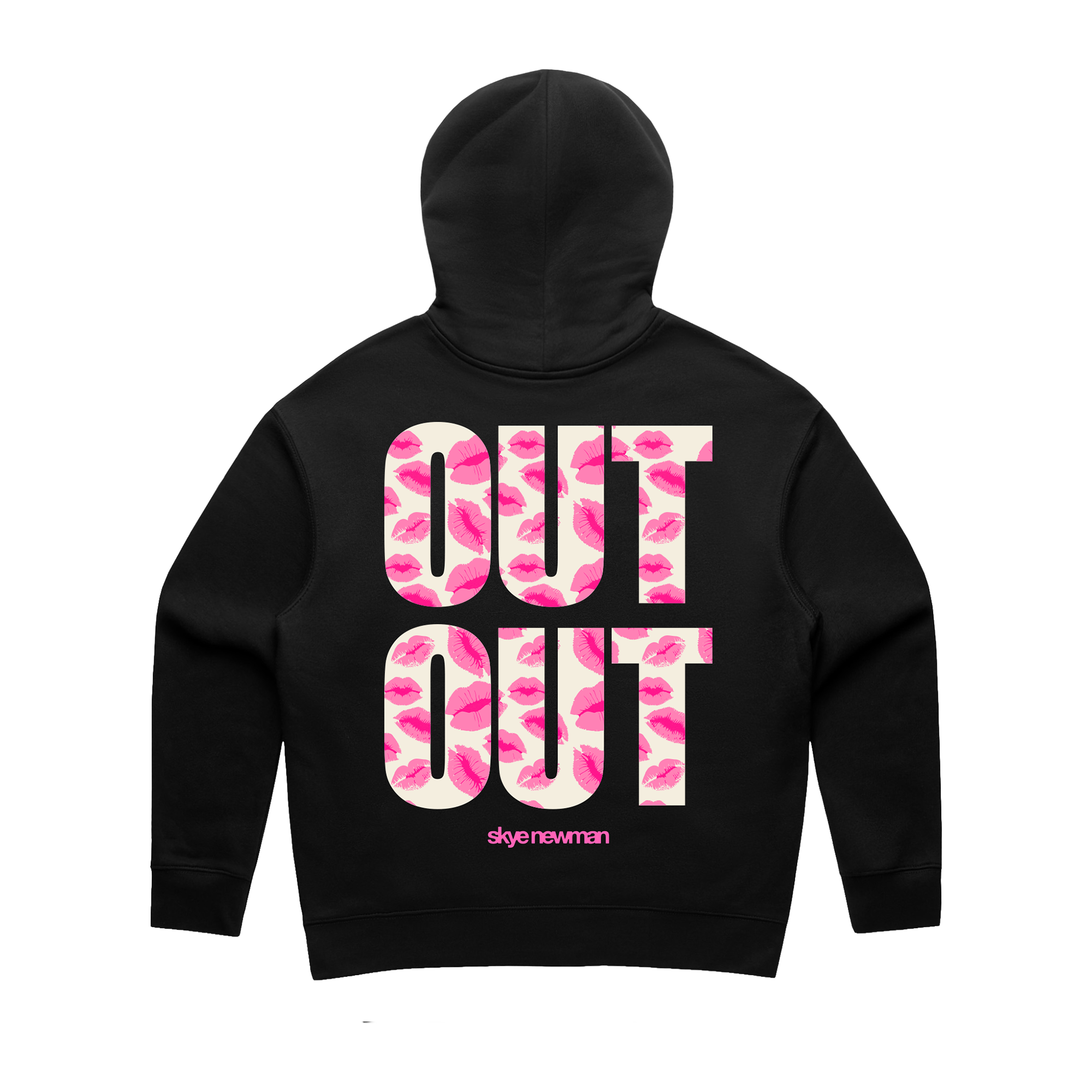 Black Skye Newman hoodie with pink and white 'OUT OUT' design on the back.