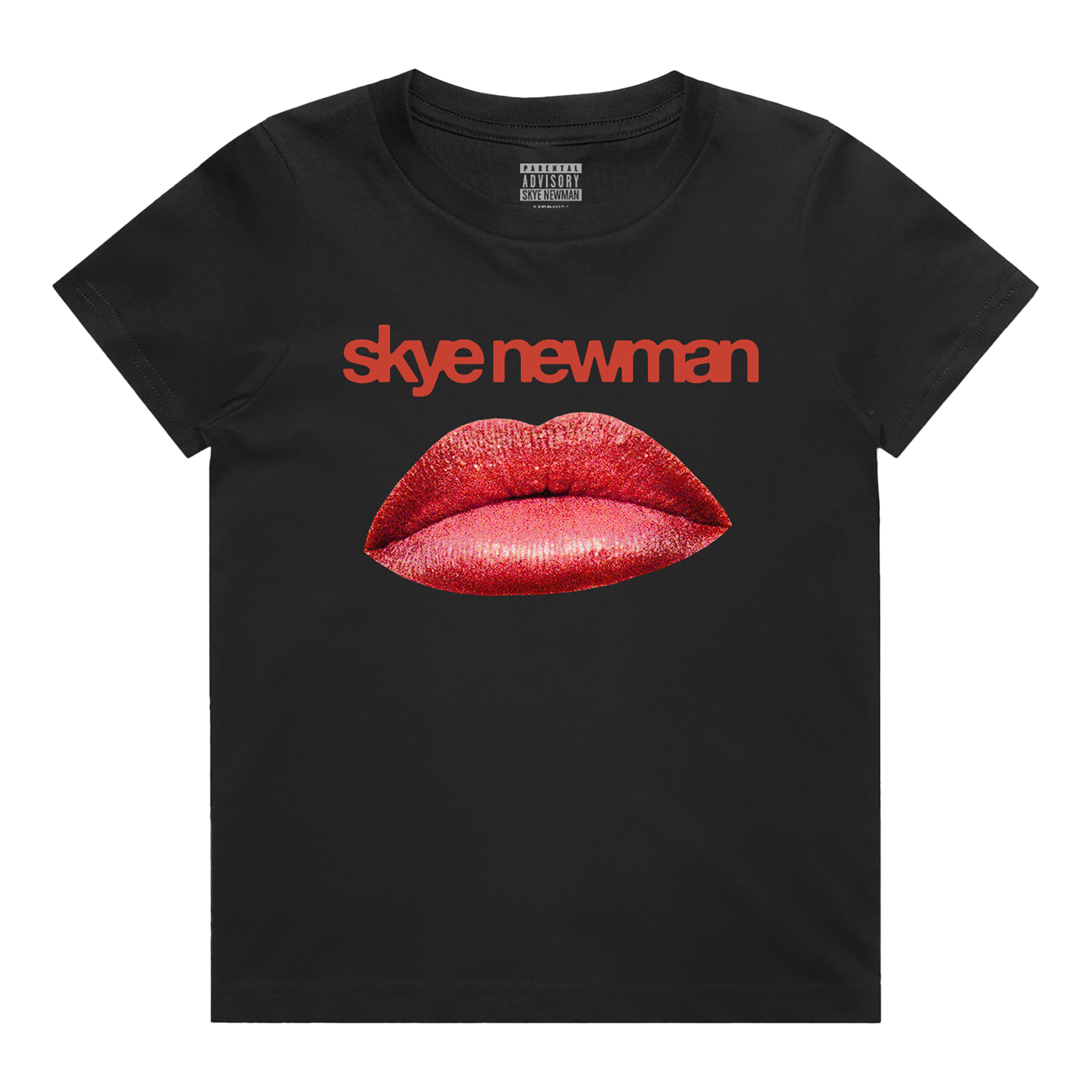 Black t-shirt with red lips and red 'Skye Newman' text 