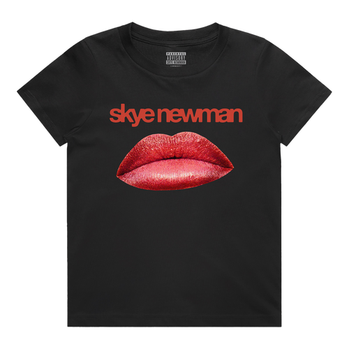Black t-shirt with red lips and red 'Skye Newman' text 