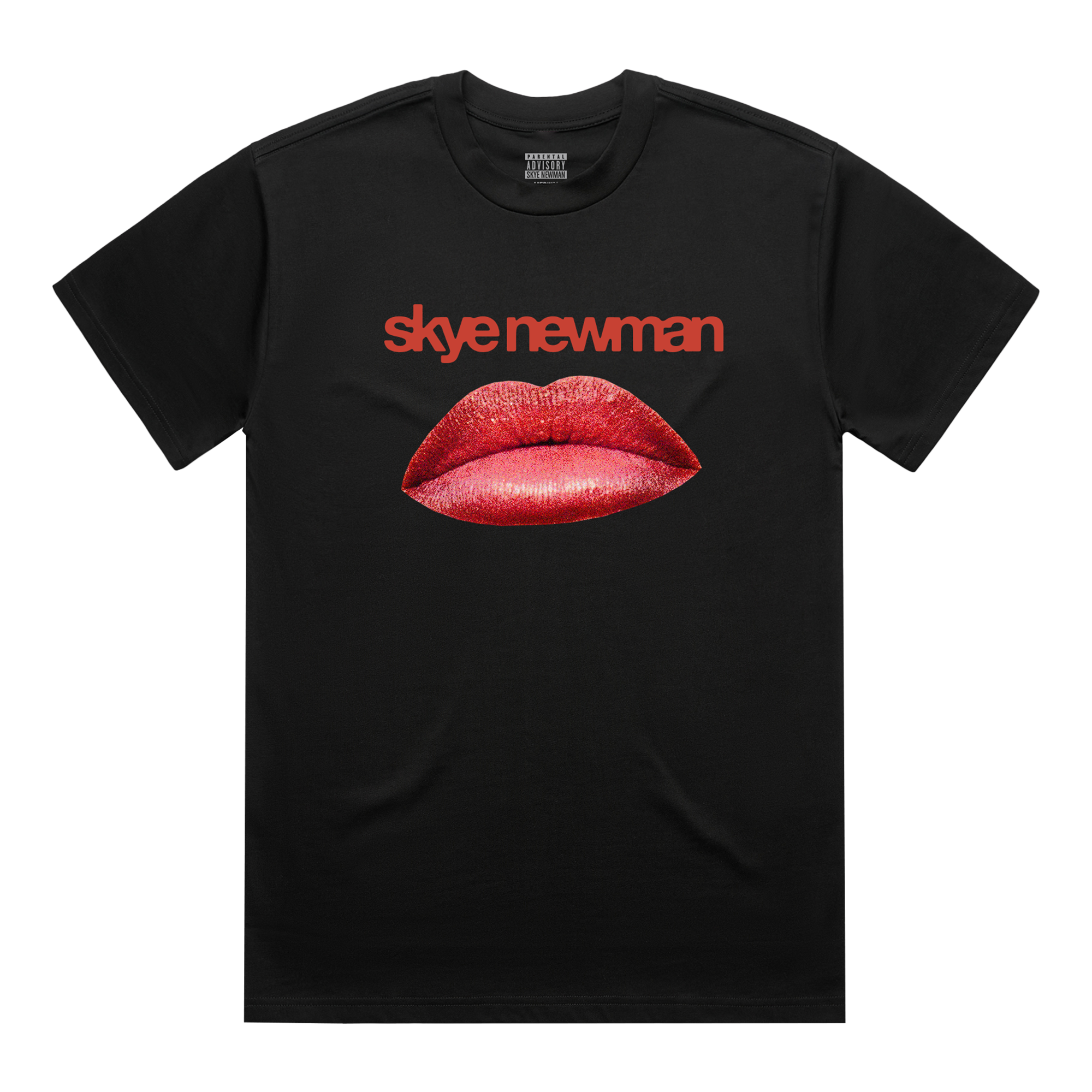 Black t-shirt with red lips and red 'Skye Newman' text 