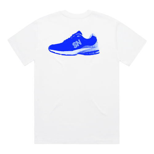 Back view of a white short-sleeve T-shirt featuring a graphic of a blue sneaker with “SN” details.