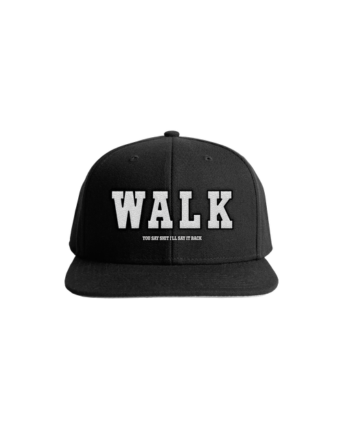 Black cap with 'WALK' text across the front