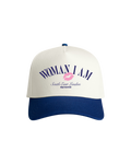 Skye Newman cap with 'WOMAN I AM South East London' text 