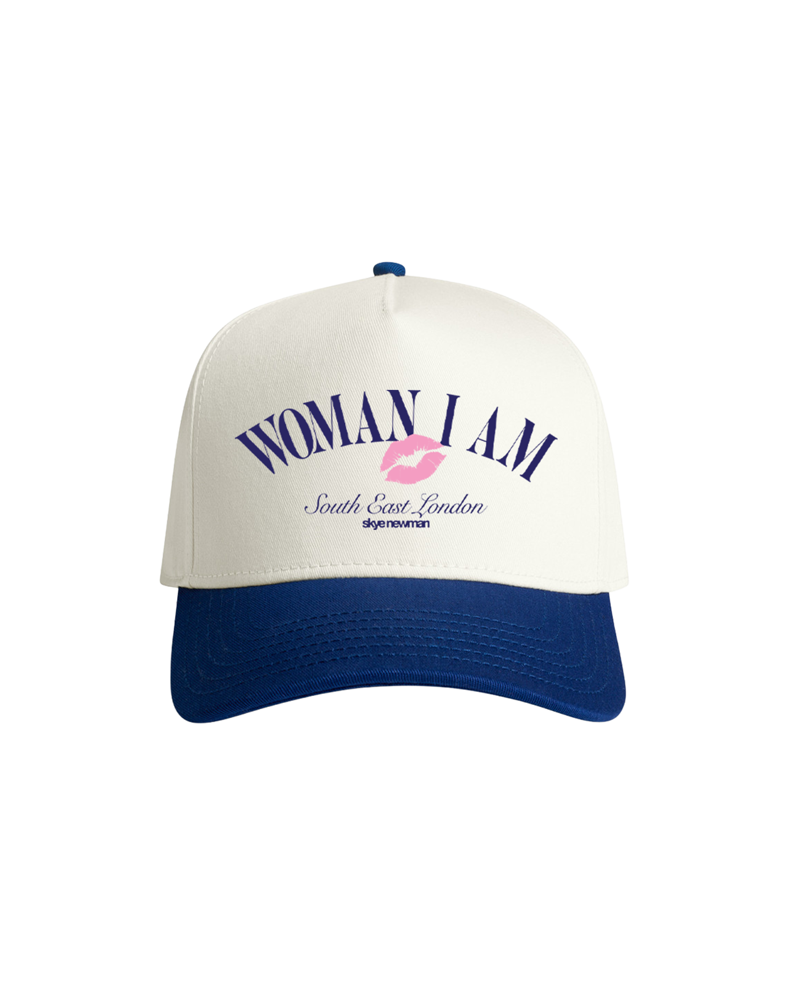 Skye Newman cap with 'WOMAN I AM South East London' text 