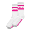 White socks with pink stripes and pink 'FU & UF' text 