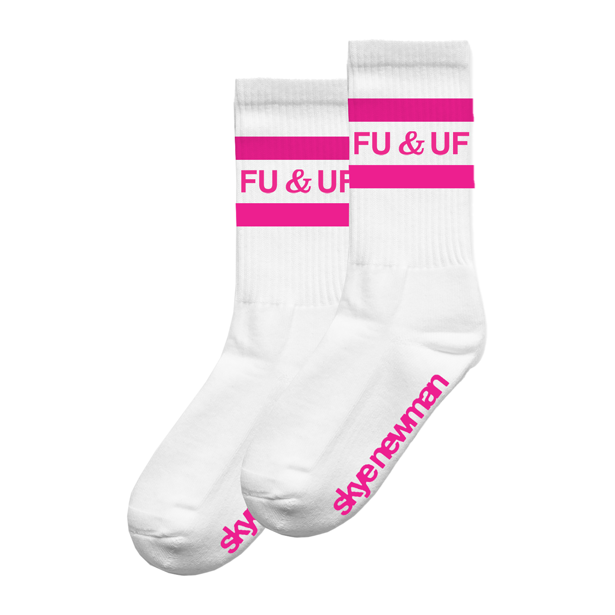 White socks with pink stripes and pink 'FU & UF' text 