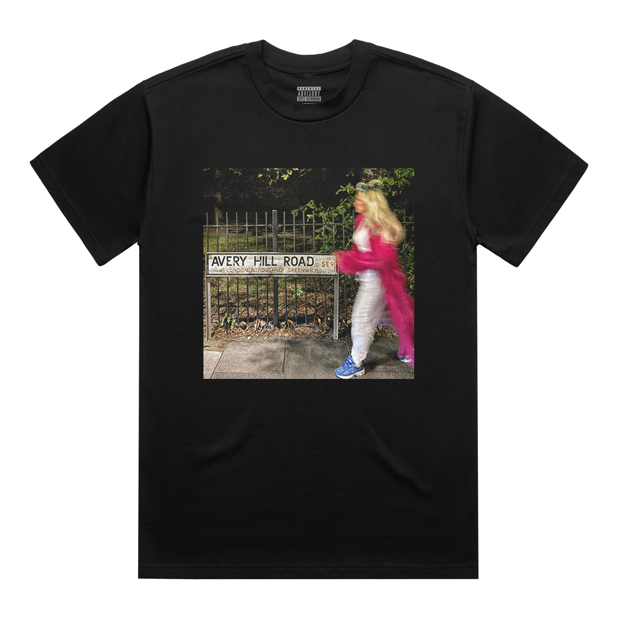 Black short-sleeve T-Shirt with Skye Newman SE9 Part 1 artwork print across the front