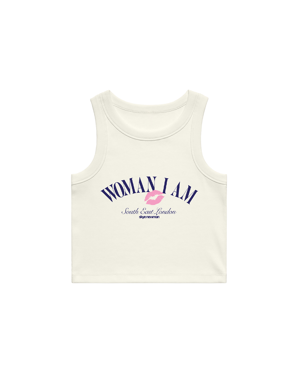 White Skye Newman tank top with 'Woman I Am' text and pink lips graphic.