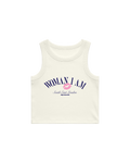 White Skye Newman tank top with 'Woman I Am' text and pink lips graphic.