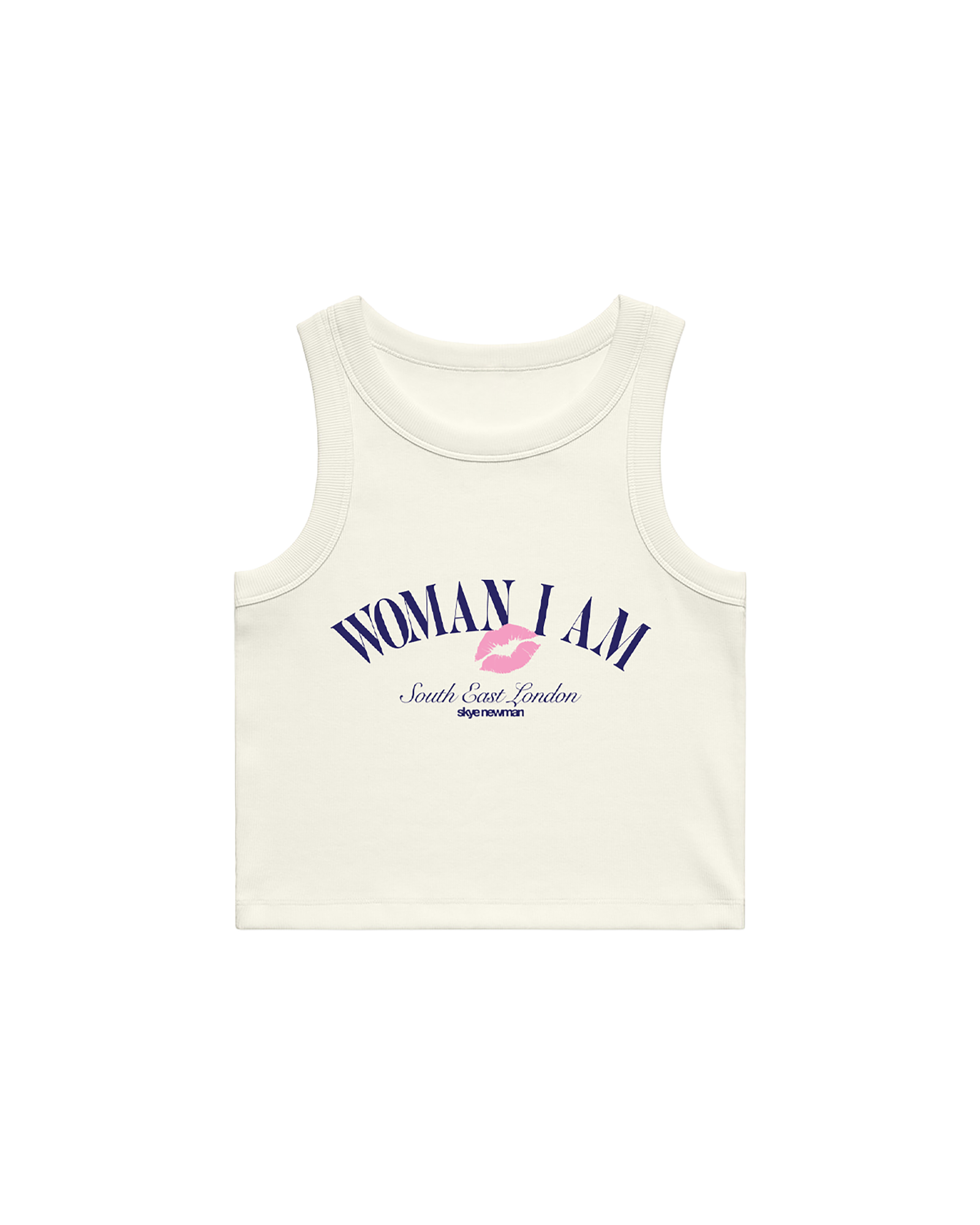 White Skye Newman tank top with 'Woman I Am' text and pink lips graphic.